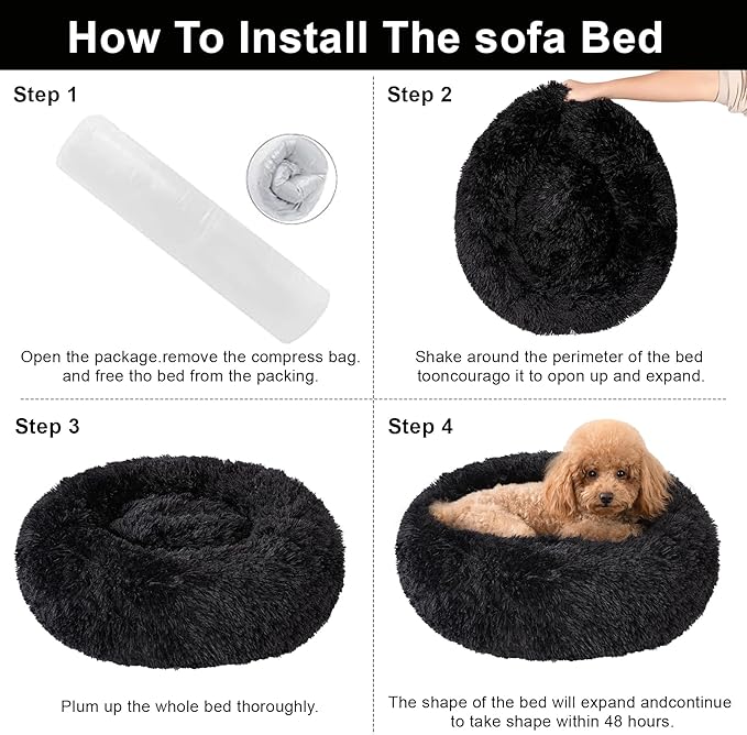 Dog Calming Beds for Medium Large Dogs - Round Donut Washable Puppy Dog Bed, Anti-Slip Faux Fur Fluffy Donut Cuddle Anxiety Cat Pet Bed(36" Black