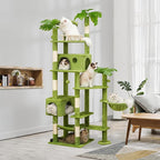 77in Large Cat Tower for Heavy Duty Big Cats, Tall Cat Tree with Leaves - Scratching Post, Two Cat Condos, Soft Hammocks, Padded Perches & Dangling Balls, Green