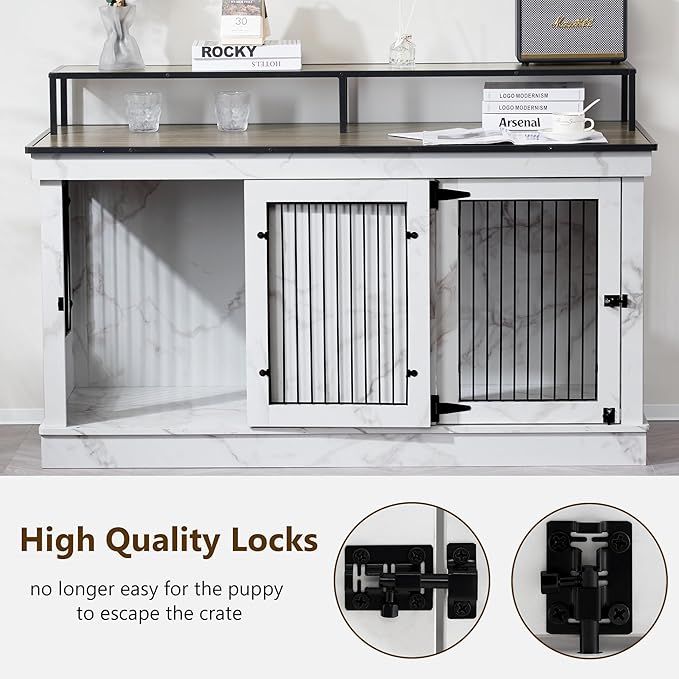 MCombo Large Dog Crate Furniture TV Stand, Wooden Pet Kennel with Double Doors, Indoor Furniture Style Dog House End Table, 1861 (White)