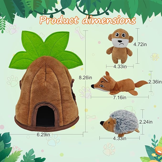 4 Packs Crinkle Squeaky Hide and Seek Puppy Toys to Keep Them Busy, Durable Cute Pet Toys for Small Medium Dogs, Interactive Plush Stuffed Chew Toy, Not for Aggressive Chewers - Coconut Tree
