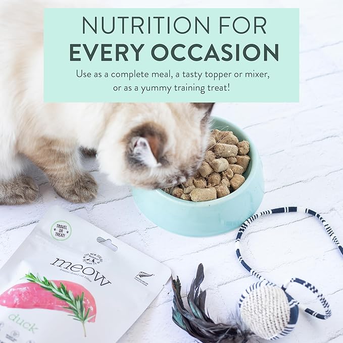 The New Zealand Natural Pet Food Co. Meow Duck Freeze Dried Raw Cat Food, Mixer, or Topper, or Treat - High Protein, Natural, Limited Ingredient Recipe 1.76 oz
