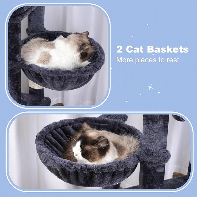 Hey-brother Cat Tree Tower, Scratching Posts with Extra Large Platform, Specious Condo, 2 Cozy Hammocks, Self-Grooming Brush for Indoor Adult Cats, Maine Coon 51.1 inches, Smoky Gray MPJ070G