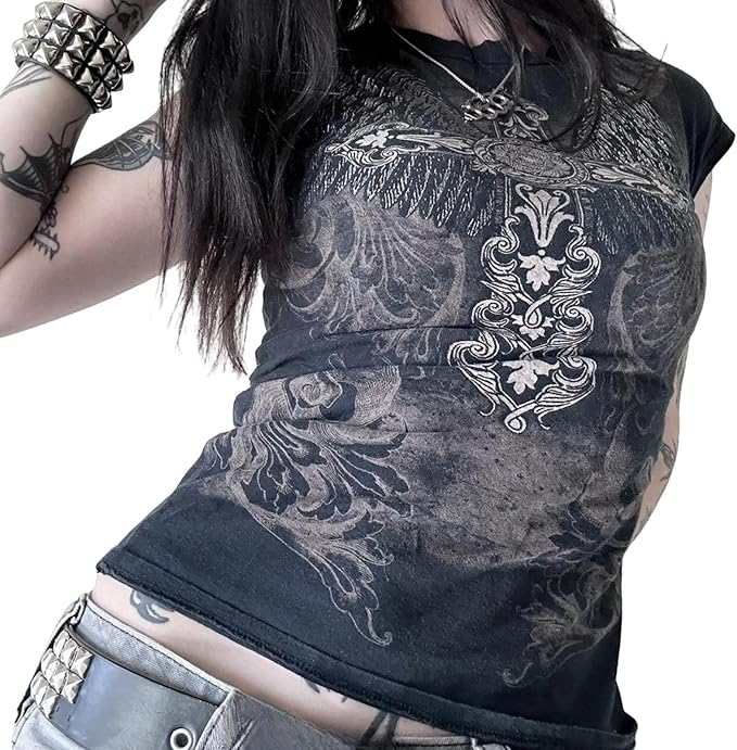 Women Y2K Graphic T-Shirts Summer Short Sleeve Punk Gothic Tee Tops Vintage 90s Aesthetic Emo Clothes Streetwear