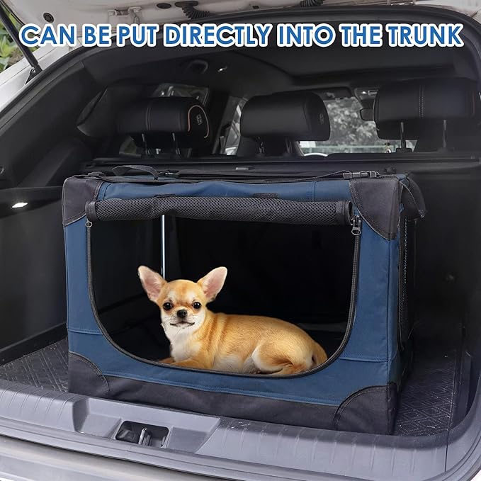 Soft Collapsible Dog Crate - 24 inch Portable Travel Puppy Crate for Small Pets or 2 Cats, Pet Carrier with 4 Mesh Doors, Car Kennel for Dogs with Handle for Indoor and Outdoor, Bule