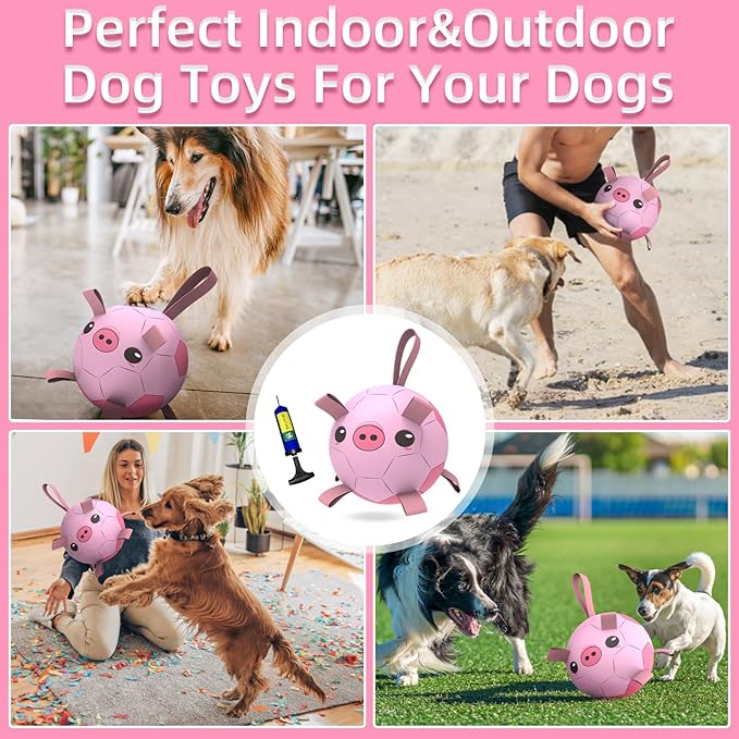 QDAN Dog Toys Soccer Ball with Straps, Interactive Dogs Toys for Tug of War, Puppy Birthday Gifts, Dogs Tug Toy, Dog Water Toy, Durable Dog Balls for Medium & Large Dog - Pink Pig（8 Inch）
