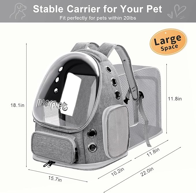 Breathable Cat Bubble Backpack Large Space Pet Carrier Backpack Expandable for Kitty Dog, Foldable Airline Approved Cat Backpack, Transparent PetTravel Backpack Up to 20 lbs (Green) (Grey)