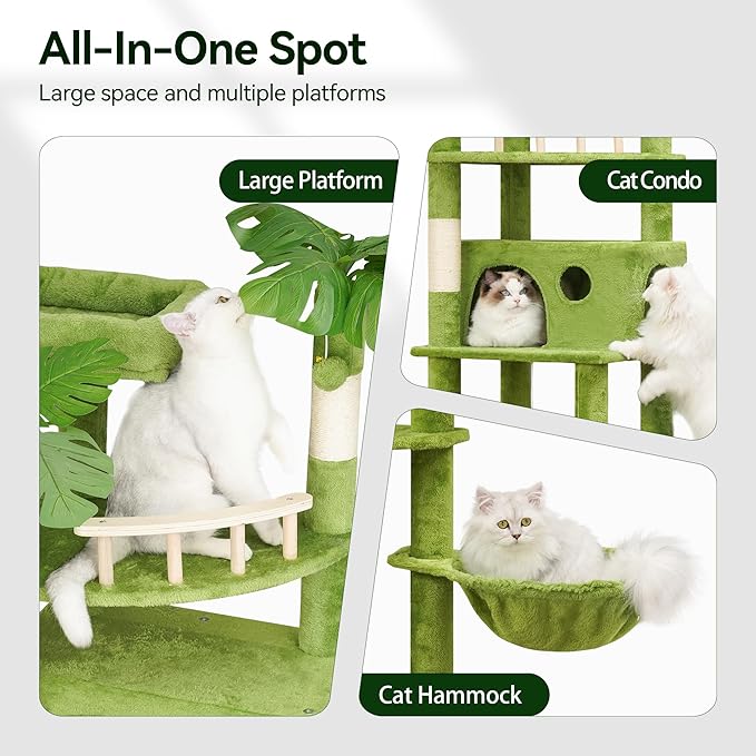 77in Large Cat Tower for Heavy Duty Big Cats, Tall Cat Tree with Leaves - Scratching Post, Two Cat Condos, Soft Hammocks, Padded Perches & Dangling Balls, Green