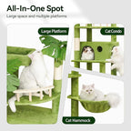 77in Large Cat Tower for Heavy Duty Big Cats, Tall Cat Tree with Leaves - Scratching Post, Two Cat Condos, Soft Hammocks, Padded Perches & Dangling Balls, Green