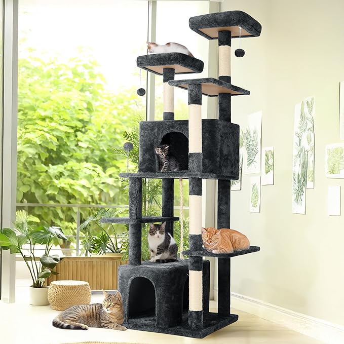 69-Inch Tall Cat Tree with Huge Condos, Multi-Functional Cat Tower with Top Perches, Scratching Posts, Pompoms, for Climbing, Lounging and Playing (Dark Grey)
