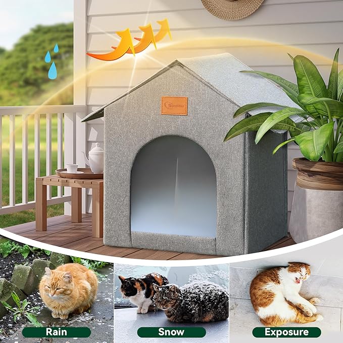 Outdoor Cat House Feral Cat Shelter,Outside Waterproof Cat House for Outdoor/Indoor Cats, Insulated Cat Bed for All Seasons with Cozy Cushion Easy to Assemble (Grey, Floor Spike Style)