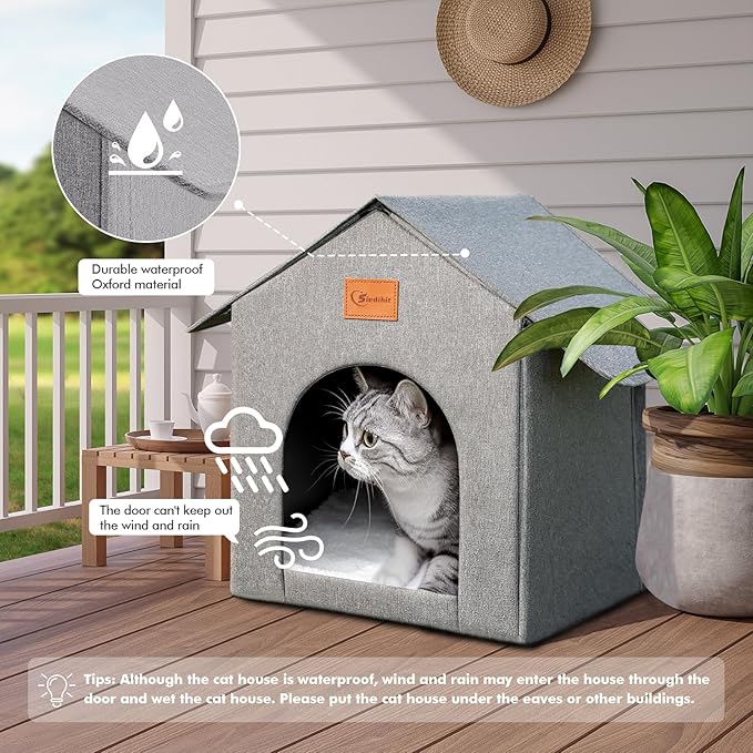 Outdoor Cat House, Cat Shelter Feral Pet Outside Waterproof Cat House for Outdoor/Indoor Cats, Insulated Cat Bed for All Seasons with Cozy Cushion, Easy to Assemble, Grey