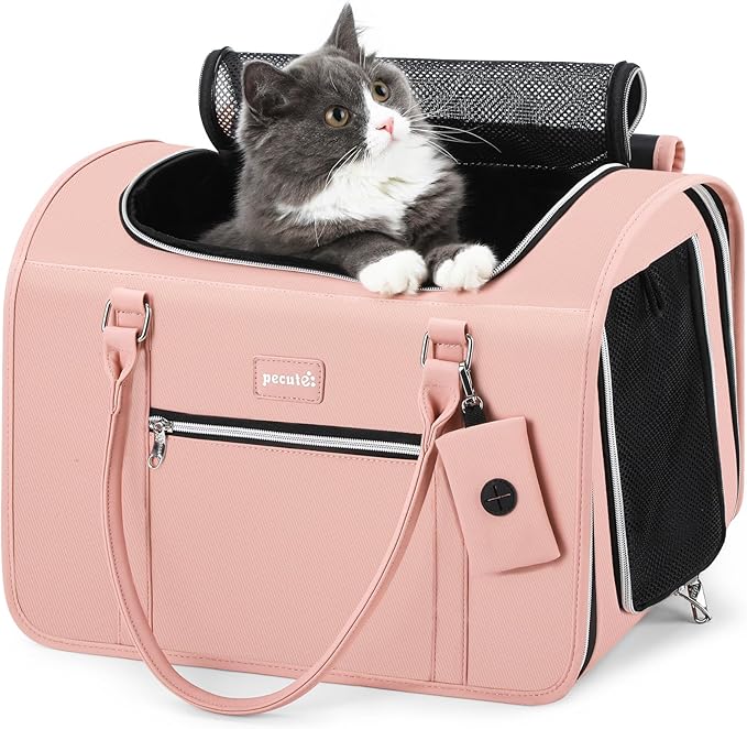 Pecute Stylish Cat Carrier Up to 13lbs, Soft Sided Small Dog Travel Carriers, Collapsible Pet Carrier for Small Cats and Dogs with Locking Safety Zippers, Puppy Carrier Airline Approved -Pink
