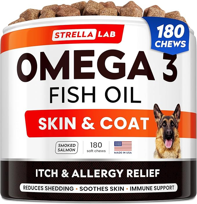 StrellaLab Omega 3 for Dogs - (180Ct) Fish Oil Treats - Allergy & Itch Relief Skin & Coat Supplement - Dry Itchy Skin, Anti Shedding & Hot Spots Treatment - Pet Salmon Oil Chews - Smoked Salmon Flavor