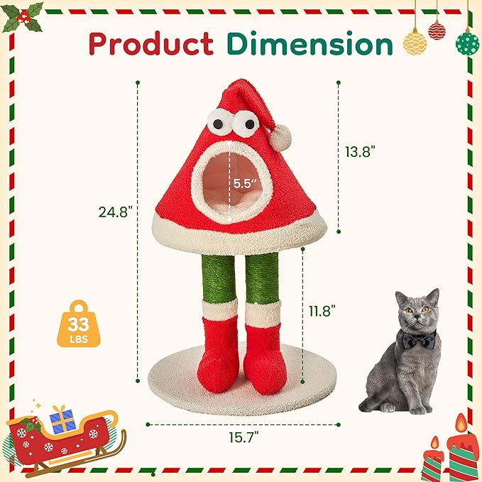 Christmas Cat Tree Tower for Indoor Cats Cute Santa Hat Design with Scratching Posts & Cozy Cat Bed, Small to Large Cat Tower, Red