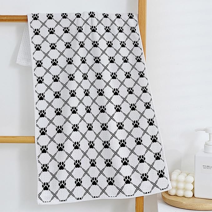 Black and White Diamond Dog Paw Kitchen Towels, Dog Lover Mom Gifts Dish Tea Towels for Kitchen Decor, Puppy Pet Lover Gifts Hand Towels for Bathroom Decor, 16x24 Inch Set of 2