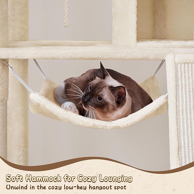 Yaheetech 63.5in Extra Large Cat Tree Condo with Sisal-Covered Scratching Post Plush Perch Hammock, Cat Tower Activity Center Kitten Furniture Play House