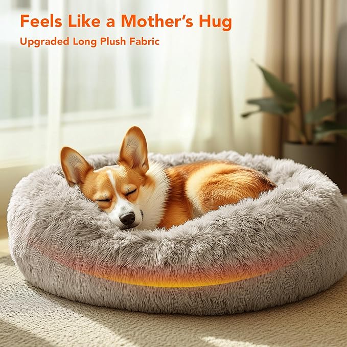 Deconovo Calming Donut Dog Bed, Washable Plush Round Pet Bed for Small Dogs & Cats with Raised Rim, Non-Slip Base and Soft Faux Fur—Lightweight, Easy-Care Design Camel 21" L x 21" W x 8" Th