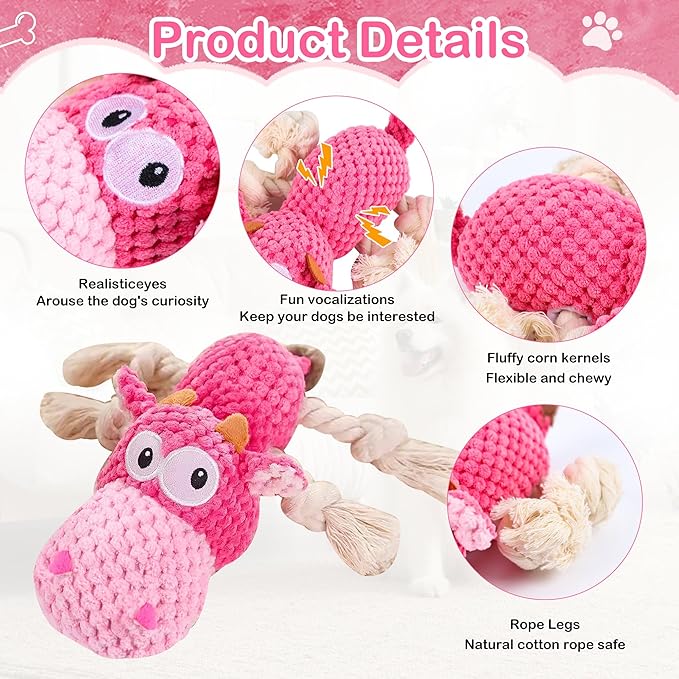 Dog Squeak Toys, Rope for Large Dogs and Medium Aggressive Chewers, Puppy Teething Interactive, Indestructible Dog Toy to Keep Them Busy Best Birthday Gift(Hippo)