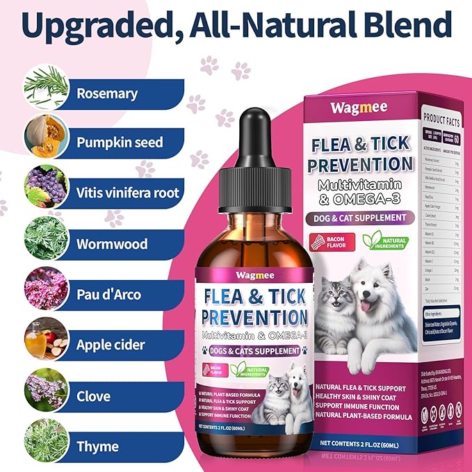 Flea & Tick Prevention for Dog and Cat, Natural Oral Flea & Tick Support Drops with Multivitamin Omega-3 for Pets - Supports Healthy Skin & Coat - Flea Herbal Drops All Breeds and Sizes - Bacon