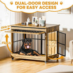 46" Large Dog Crate Furniture, Double Door Wooden Indoor Dog Kennel Furniture, Decorative Pet Cage End Table with Wheels for Extra Large Breed Dogs, Size 2XL, Rustic Brown