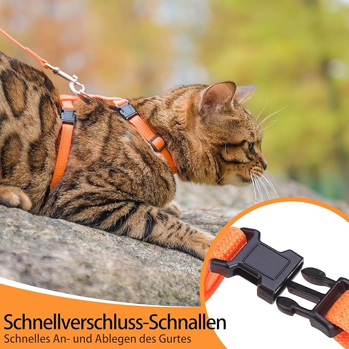 PUPTECK Adjustable Cat Harness and Leash Set Escape Proof Kitten Strap Collar for Walking Travel, Orange, M