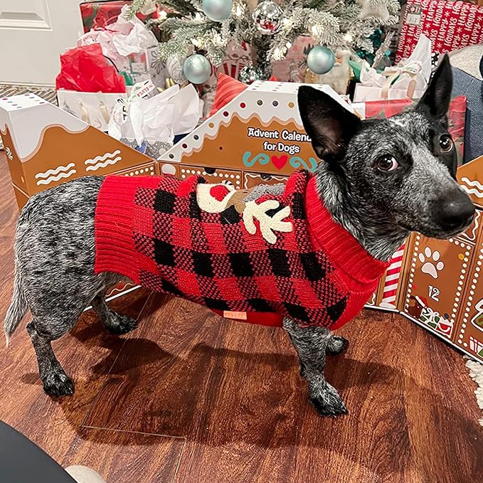 KYEESE Dog Christmas Sweater Reindeer Small Dogs Christmas Sweater Red Buffalo Check with Leash Hole Pet Sweater Dog Christmas Outfit Puppy Sweater,S