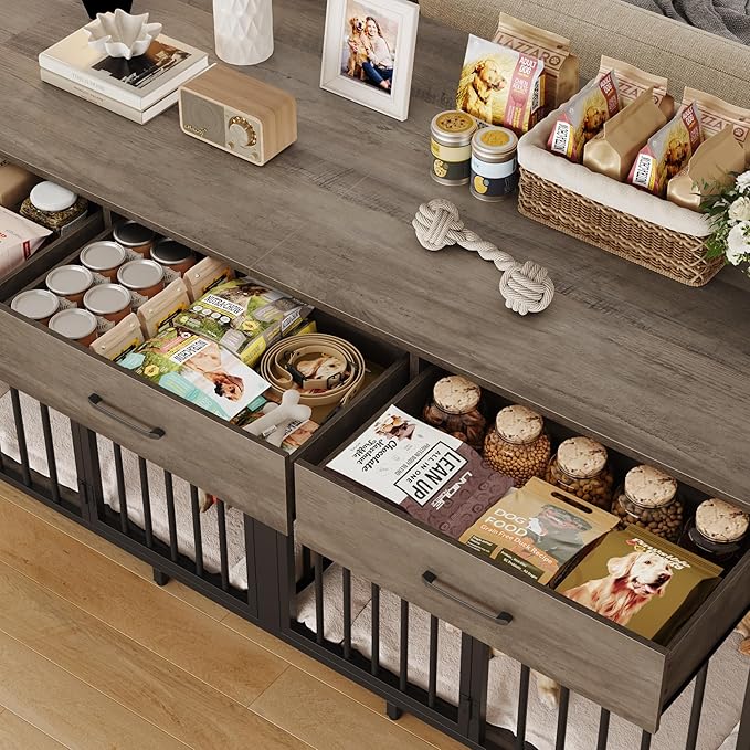 HOSTACK Double Dog Crates Furniture, 71" Wide Indoor Dog Kennel with 3 Drawers, Farmhouse Dog Cage for 2 Large/Medium Dogs, Heavy Duty Dog Crate with Removable Divider, Wooden Pet House, Ash Grey