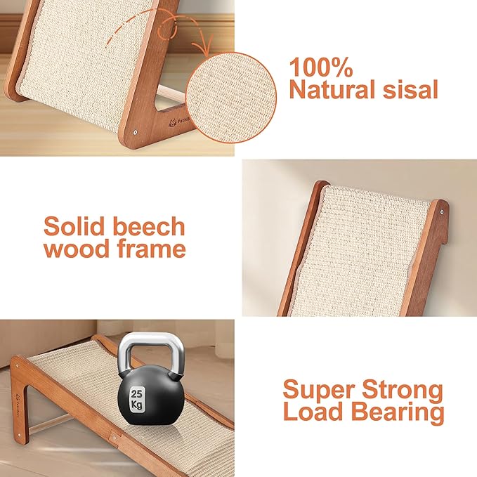 Large-28.5" Sisal Cat Scratcher of L-Shaped Solid Wood Cat Scratching Post - Beechwood Base, Natural Sisal Woven Scratching Pad, Durable, Furniture Protector for Cats' Clawing and Play