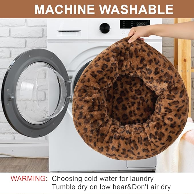 Dog Calming Beds for Small Medium Large Dogs - Round Donut Washable Puppy Dog Bed, Anti-Slip Faux Fur Fluffy Donut Cuddle Anxiety Cat Pet Bed (28" Leopard Print)
