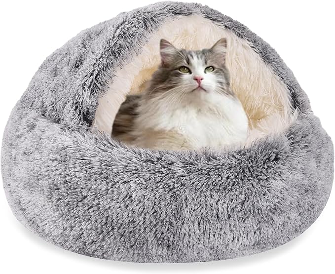 HYQ Small Dog Bed, Cat Beds for Indoor Cats Washable, Cozy Cat Cave Bed, Non-Slip Cat Beds, Calming Dog Bed with Hooded Cover, Dog Bed with Cover for Extra Small Pets (Grey, 16×16 Inch)