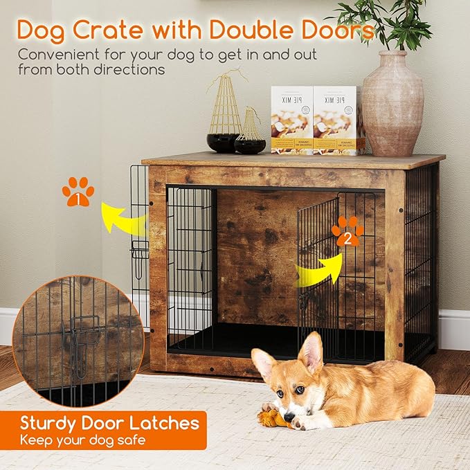 PETSITE Dog Crate Furniture for Small/Medium Dogs, 33" Indoor Pet House Side End Table w/Cushion, Double Doors, Heavy-Duty Chew-Resistant Wood Metal Dog Kennel up to 45 LBS (33 x 22 x 25.5 Inches)
