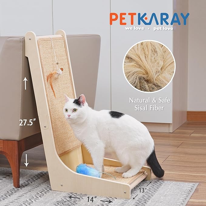 PETKARAY 105° Cat Scratcher, Sisal Kitty Scratch Pad, L Shape Scratching Board for Indoor Cats, Floor Mounted Scratcher with Mouse Toy Catnip, Chevron Style