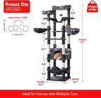77-Inch Tall Cat Tree for Indoor Cats, Multi-Level Large Cat Tower with 4 Hammocks, 2 Padded Perches, Cat Condo, Sisal Scratching Posts and Hanging Toys for Large Adult Cat, Smoky Grey