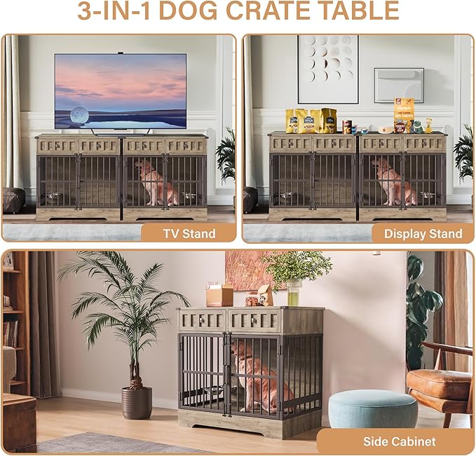 Dog Crate Furniture with 2 Drawers, 35.1" Indoor Wooden Animal Kennel with Detachable & Adjustable Feeder 2 Bowls, Large Medium Small Dog Cage End Table (Brown Gray Alternation)