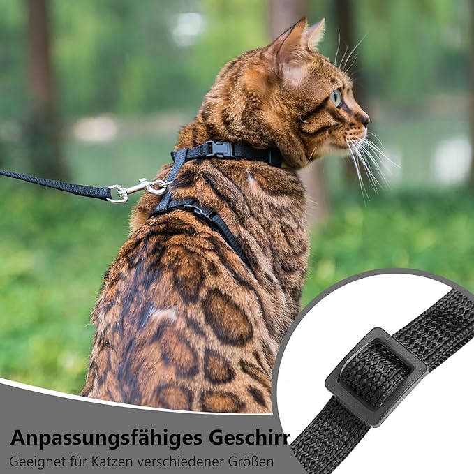 PUPTECK Adjustable Cat Harness and Leash Set Escape Proof Kitten Strap Collar for Walking Travel, Black