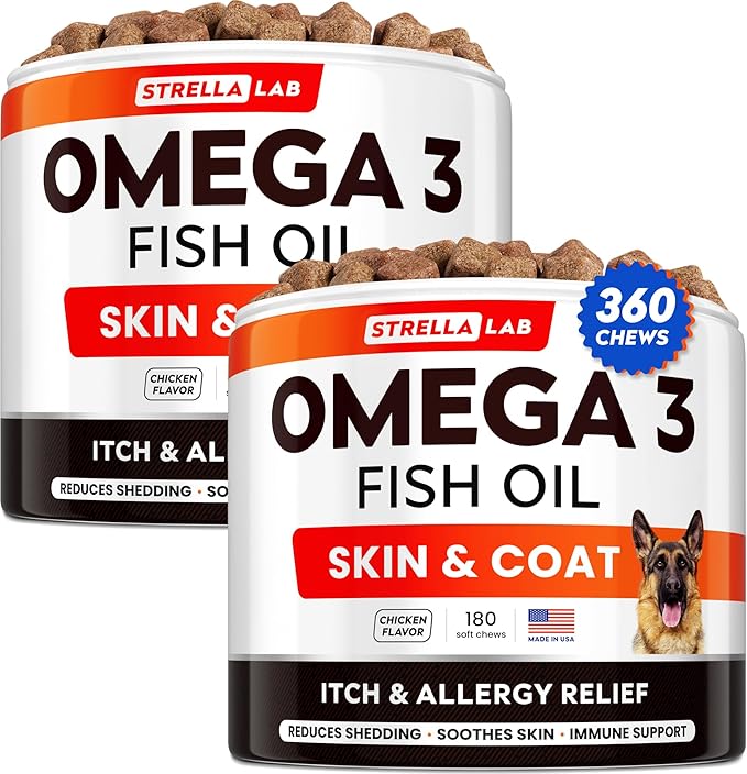 STRELLALAB Omega 3 for Dogs - (360Ct) Fish Oil Treats - Allergy & Itch Relief Skin & Coat Supplement - Dry Itchy Skin, Anti Shedding & Hot Spots Treatment - Pet Salmon Oil Chews - Chicken Flavor
