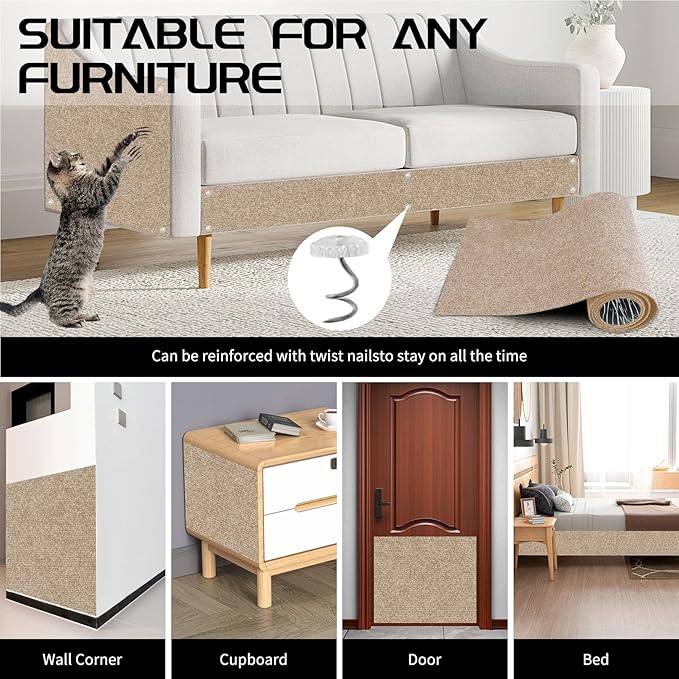 2 Pcs 39.4"x15.8" Cat Scratch Mat, Cat Scratch Couch Furniture Protector, Trimmable Self-Adhesive Cats Scratch Pads, DIY Cat Scratcher for Wall Protector and Covering Cat Tower (Khaki)