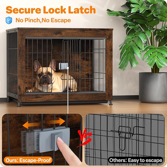 Dog Crate Furniture, Wooden Dog Crate 33in, Decorative Cage with End Table for Dog Indoor Kennel, High Anxiety Dog, Escape-Proof Locks for All Breeds