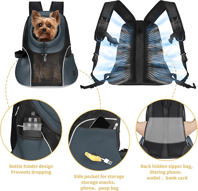 WOYYHO Pet Dog Carrier Backpack Small Dog Front Backpack Ventilated Mesh Dog Travel Back Pack with Safety Belt for Travel Hiking Cycling Outdoor Adventures (Size L: 10-14 lbs, Dark Gray)