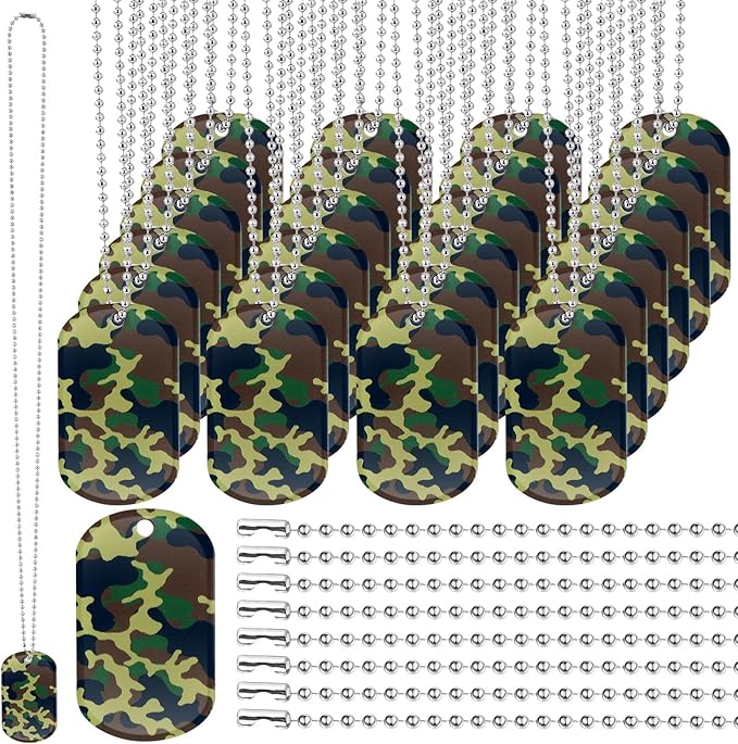 30 Pack Camouflage Military Dog Tags Necklaces Acrylic Army Party Decorations Supplies Bulk with 70 cm Steel Long Beaded Chains for Soldier Men Dogs