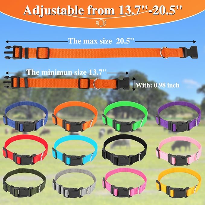 12 Pack Goat Collars with Bells and Number Tag，Adjustable Nylon Grazing Copper Bells with Pet Livestock Plastic ID Number Tags, Sheep Collars Set for Small Farm Animal Goat Sheep Cow