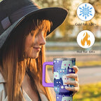 40oz Cute Cat Tumbler with Handle and Straw, Stainless Steel Insulated Cup with Lid, Travel Coffee Mug Water Bottle, Birthday Mothers Day Gifts for Women Men Animal Lovers