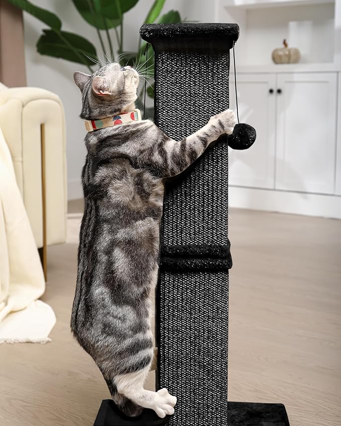 Cat Scratching Post, 33Inch Tall Cat Scratch Post for Indoor Cats Adults and Kitten, Sisal Cat Scratcher with Hanging Balls (Black)