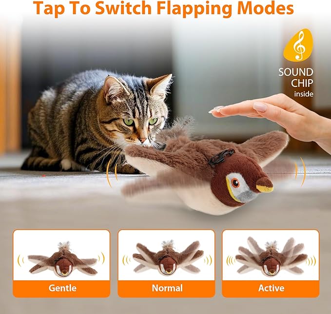 SKIPDAWG PETGEEK Flapping & Chirping Bird Cat Toy for Indoor Cats with Catnip, USB Rechargeable Motion Activated, Interactive Beating Wings Cat Toy, Hanging Flapping Bird for Cats (No Fly)