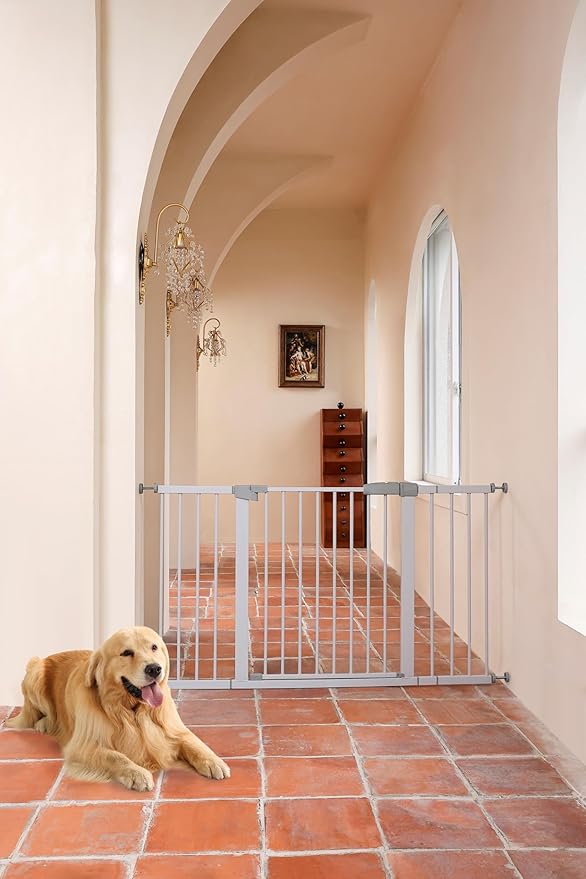 29"-57" Baby and Pet Safety Gate, 30" Tall Metal Walk-Thru Gate for Doorways & Stairs, Easy One-Hand Open, Dual Lock, Extensions & Wall Mounts Included (White, 29"-57" W x 30.5“H)