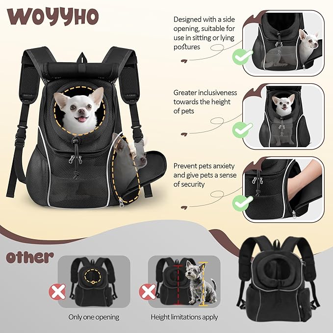 WOYYHO Pet Dog Carrier Backpack with Top and Side Windows, Small Dog Front Backpack Ventilated Dog Back Pack with Safety Belt for Travel Hiking Outdoor Adventures (Size M: 5-9 lbs, All Black 2.0)
