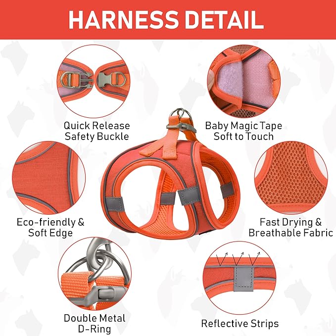 GAMUDA Small Pet Harness Collar and Leash Set, Step in No Chock No Pull Linen Fabric Soft Mesh Dog Vest Harnesses Reflective for Dogs Puppy Cats Kitten Rabbit (Orange, L)