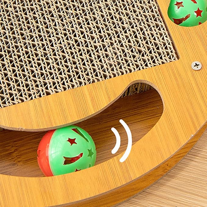 Cat Scratching Board with 4 Cat Bell Balls Toys and Spring Mouse Toy, Cat Scratcher Pad for Indoor Cats, Cat Scratcher Cardboard, Durable, Cat Self Groomer, Stable and Non-Slip, Eco-Friendly Wood