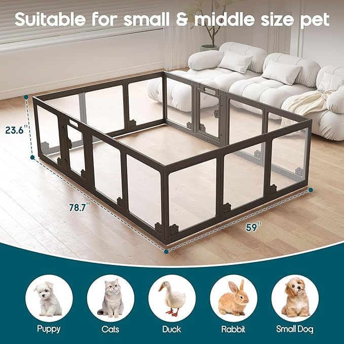 Albott Acrylic Clear Dog Playpen Indoor, Modular Puppy Cat Small Pet Play Pen with 2 Doors, Transparent Fence for Little Dogs, Cats, Rabbits, Easy Assemble and Disassemble, Black (24" H, 14 pcs)