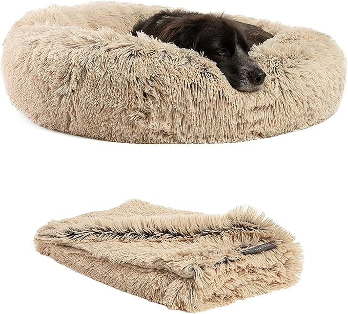 Best Friends by Sheri Bundle Set The Original Calming Shag Donut Cuddler Cat and Dog Bed + Pet Throw Blanket Taupe Extra Medium 30" x 30"